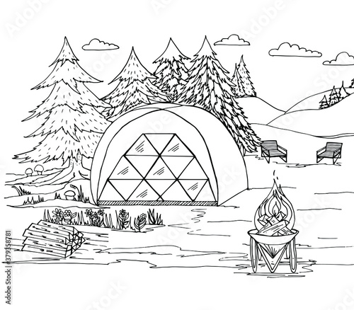 Coloring book camping with a tent, fire, wood, sun beds, trees in the forest, mushrooms. Vector illustration for a book, greeting card, poster, sticker, design, wallpaper, game.