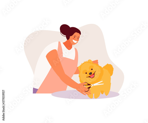 Grooming salon. Girl groomer cuts a dog vector illustration