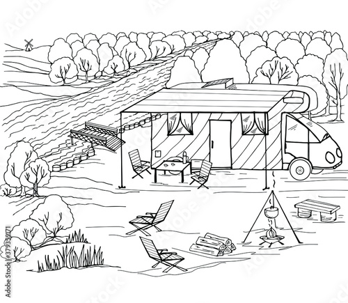 Coloring book camping with a motorhome, solar panel, campfire, summer kitchen, forest, firewood. Vector illustration for a book, greeting card, poster, sticker, design, wallpaper, game.