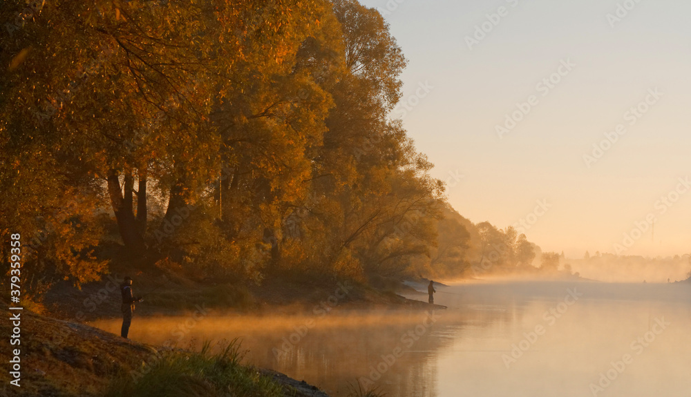 custom made wallpaper toronto digitalMen fishing in river with fly rod during summer morning. Beautiful fog.