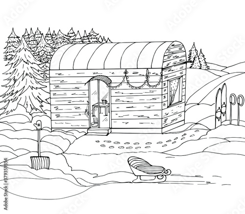 Coloring book camping in winter with a house, skis, sled, snow, forest, shovel. Vector illustration for a book, greeting card, poster, sticker, design, Wallpaper, game.