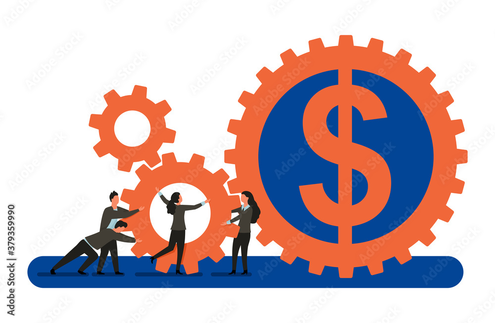 Economics and financial management concept - people team (work group) joins gear mechanism with money symbol (dollar) inside main cog wheel - isolated vector illustration Economics and financial management concept - people team (work group) joins gear mechanism with money symbol (dollar) inside main cog wheel - isolated vector illustration