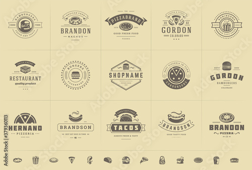 Fast food logos set vector illustration good for pizzeria or burger shop and restaurant menu badges with food silhouette