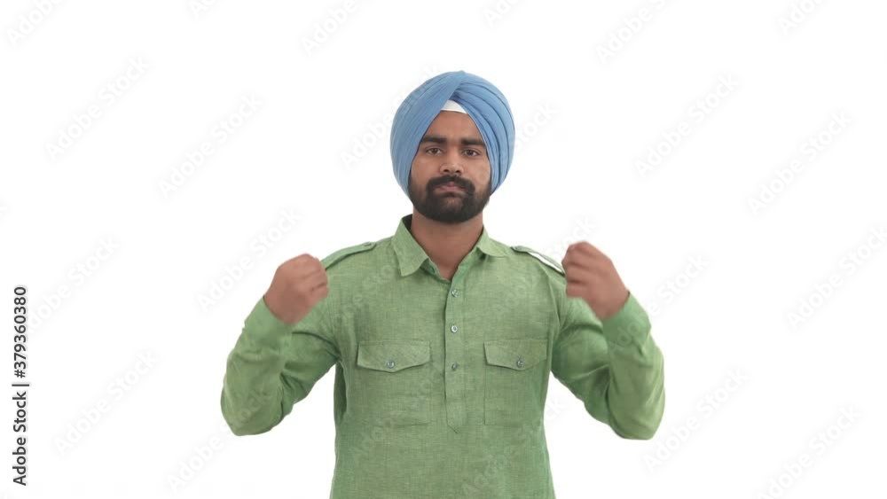 Beard Indian man waving hands near face because of heat or lack of air. Isolated on white background Beard Indian man waving hands near face because of heat or lack of air. Isolated on white background