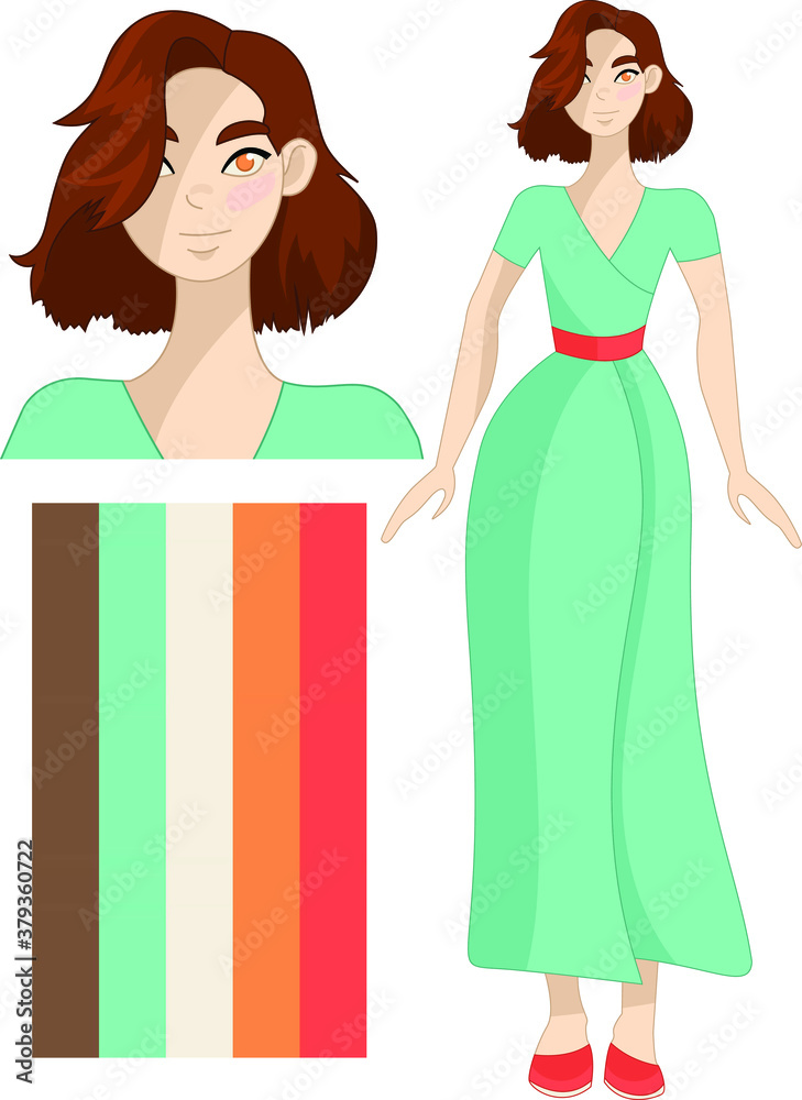 Cartoon brunette girl. Brown hair woman flat character with color scheme and close up template set. Vector illustration for games, background, pattern, decor. Cartoon brunette girl. Brown hair woman flat character with color scheme and close up template set. Vector illustration for games, background, pattern, decor.