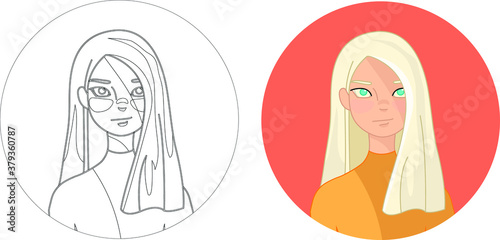 Cartoon blonde girl. Light hair young woman flat character close up template set. Vector illustration on bright orange circle in color and black and white for games. Coloring paper, page, story book