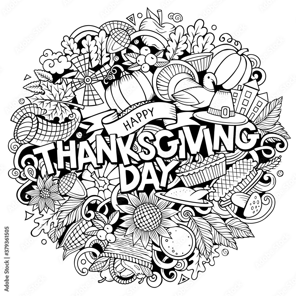 Happy Thanksgiving hand drawn cartoon doodles illustration.