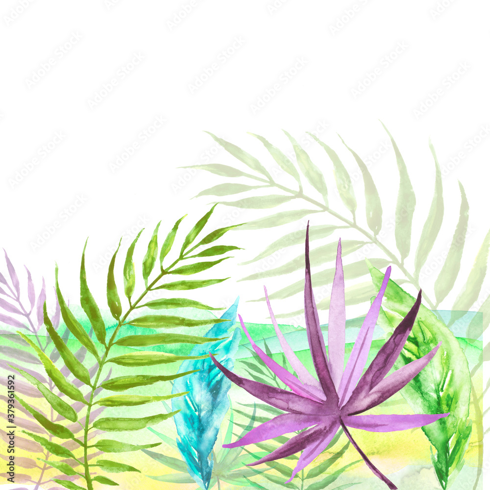 Obraz premium Tropical plants, leaves, wild grass. Underwater world, seabed, seaweed in watercolor. Watercolor illustration, banner, background. World of aquariums.
