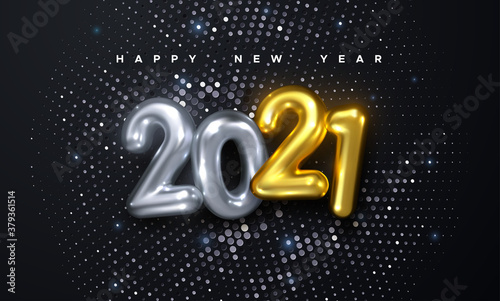 Happy New 2021 Year. Holiday vector illustration of golden and silver metallic numbers 2021 and glittering halftone pattern. Realistic 3d sign with sparkling strass. Festive poster or banner design