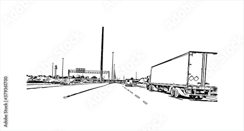Building view with landmark of Barrie is a city and manifesting regional centre in Canada. Hand drawn sketch illustration in vector.
