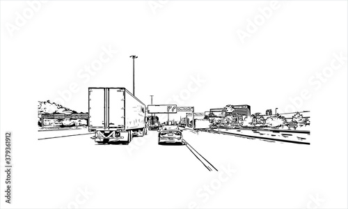 Building view with landmark of Barrie is a city and manifesting regional centre in Canada. Hand drawn sketch illustration in vector.