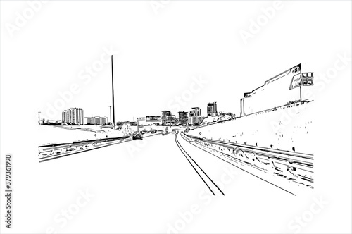 Building view with landmark of Barrie is a city and manifesting regional centre in Canada. Hand drawn sketch illustration in vector.