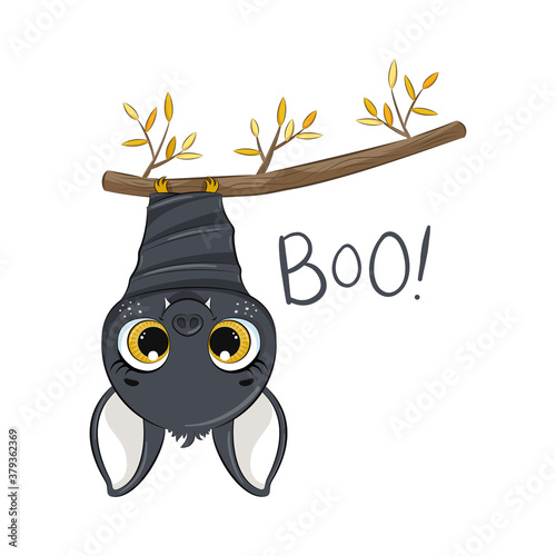 Cute bat is hanging on a branch. Happy Halloween card. Vector illustration