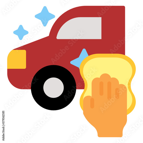 Auto decontamination Service, Vehicle Hygiene Concept, Shiny Car with disinfectant spray vector Color icon design, Decon and Pressure Washer equipment on white background, Car sanitizing Symbol, 