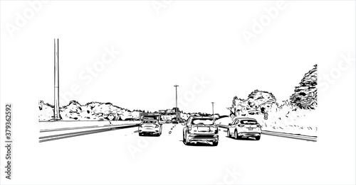 Building view with landmark of Barrie is a city and manifesting regional centre in Canada. Hand drawn sketch illustration in vector.