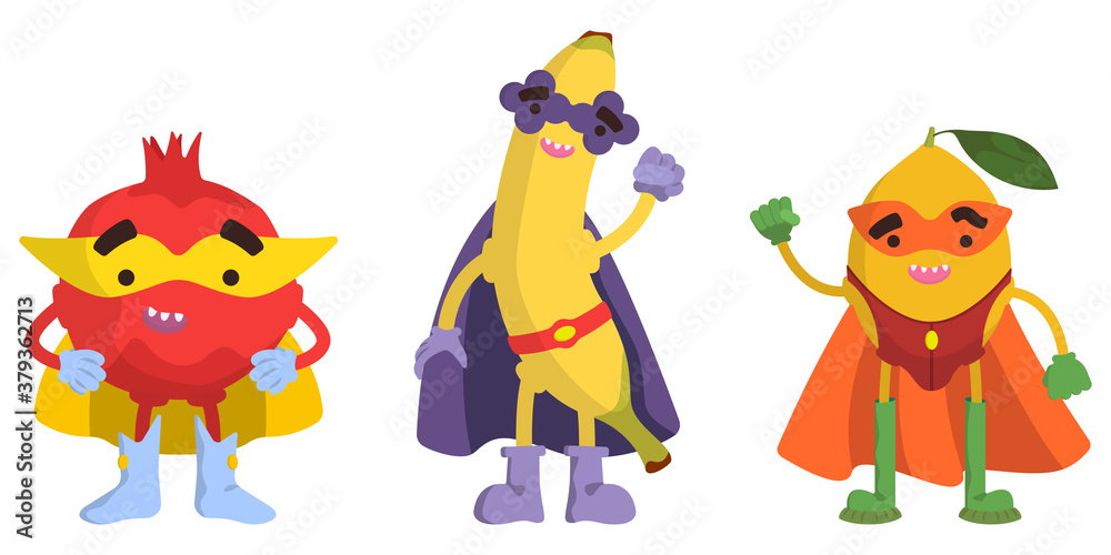 Naklejka premium Set of superhero fruits. Pomegranate, banana and lemon in cartoon style.
