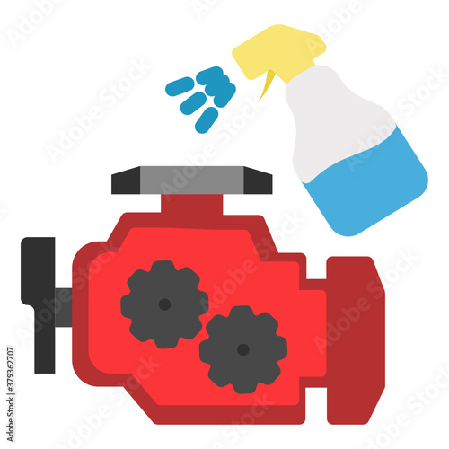 Disinfectant Spraying the Engine Bay Vector Color Icon Design, Engine detailing on white background, Motor Engine Cleaning DIY Concept, 