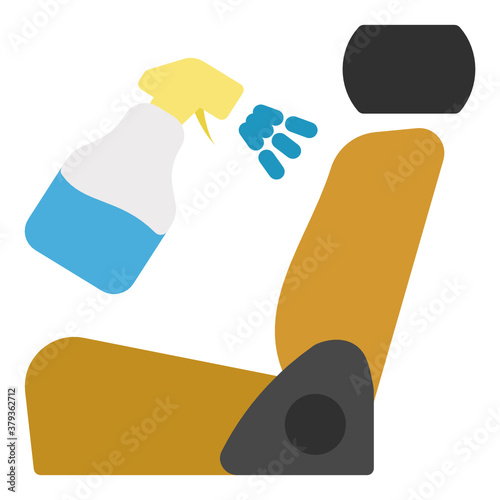 Coronavirus Vehicle Disinfection Symbol, Car Brown Seat with decontamination shampoo Sprayer Concept, Automobile Sanitization Service Symbol, Interior Car Detailing vector Color Icon Design,