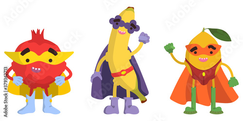 Set of superhero fruits. Pomegranate, banana and lemon in cartoon style.