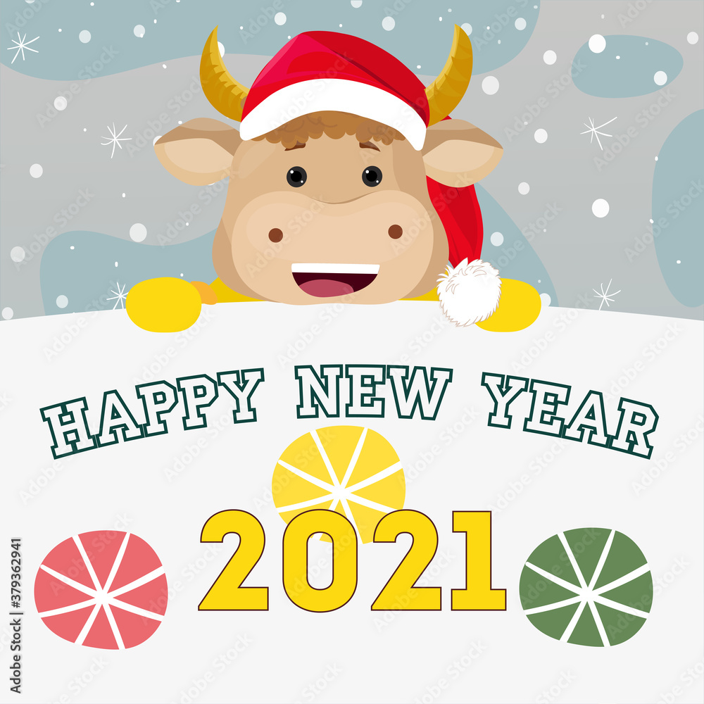 Naklejka premium New Year's card. Funny bull. Symbol of 2021 year. Chinese New Year. Vector illustration.