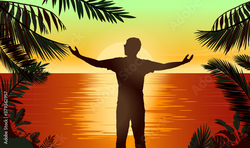 Tropical summer vacation - Man enjoying the view between palm trees and sea. Warm, travel, ocean and free time. Vector illustration.