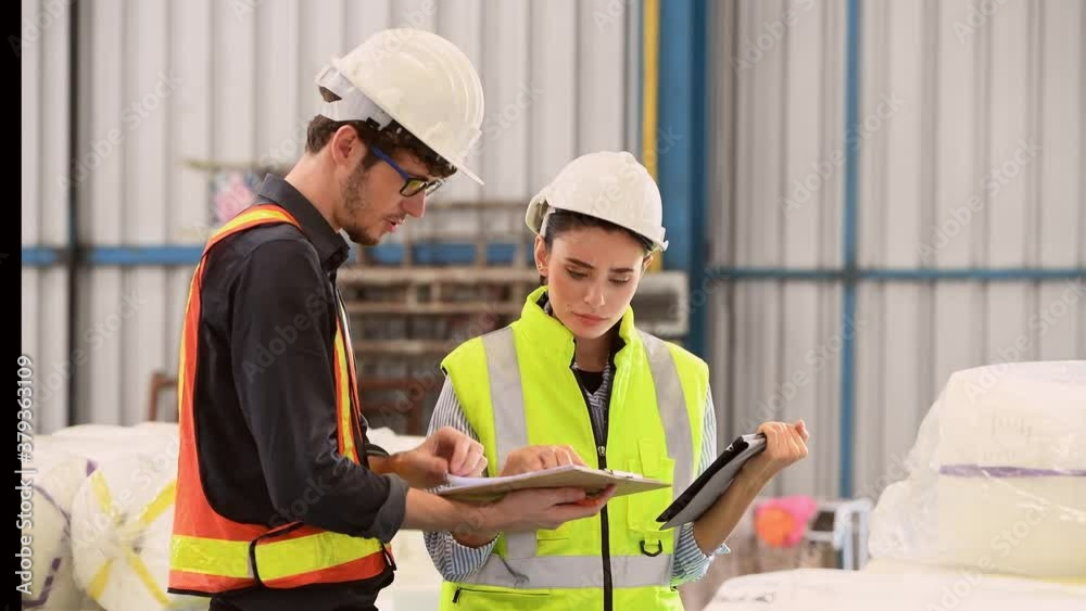 Industry engineer under inspection and checking quality production process on mask manufacturing station by laptop, Engineer wearing casual uniform and safety helmet in work