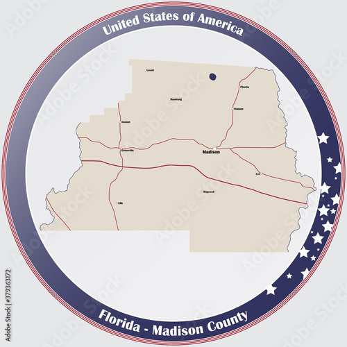 Round button with detailed map of Madison County in Florida, USA.