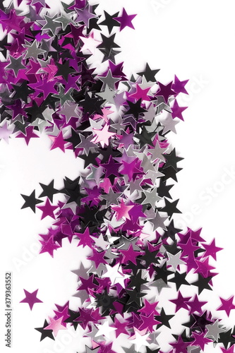 purple stars confetti pattern isolated on white background top view, Festive,...