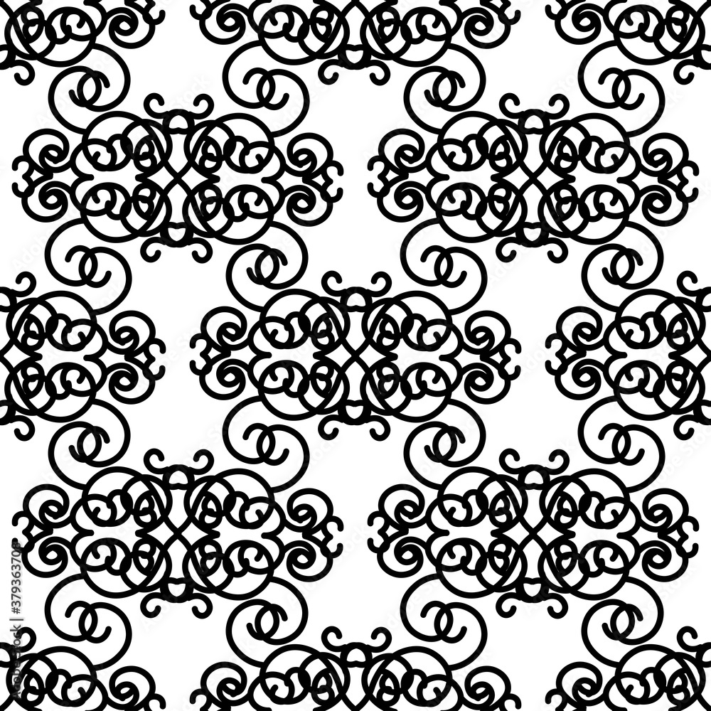 Refined seamless pattern of geometric black calligraphic curls, ornaments on a white background. Vintage prints in flat style for interior. Stock vector illustration for decoration and design, fabric
Refined seamless pattern of geometric black calligraphic curls, ornaments on a white background. Vintage prints in flat style for interior. Stock vector illustration for decoration and design, fabric