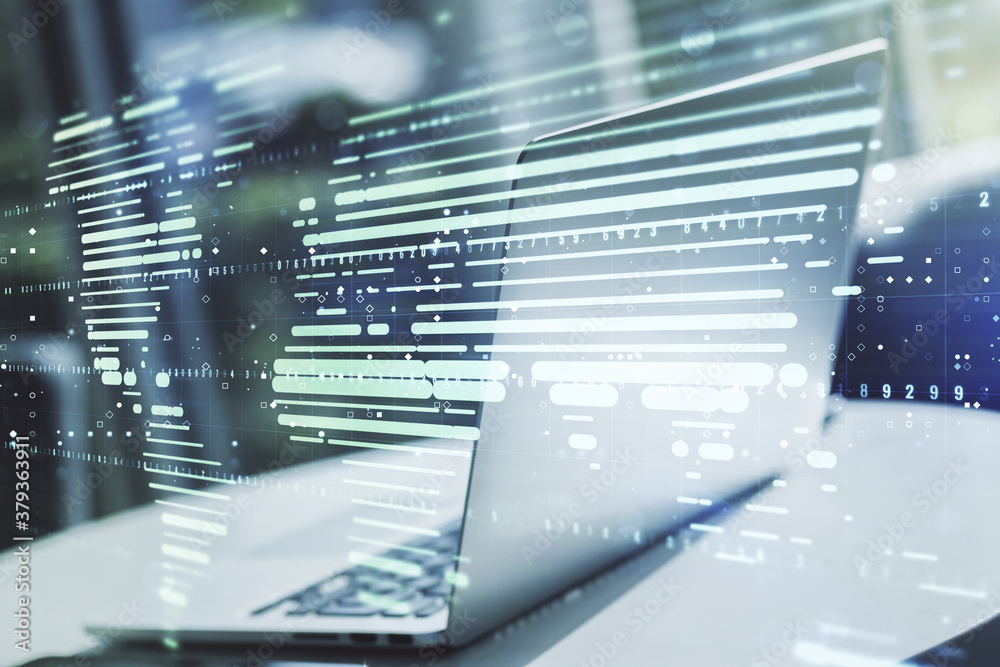 Fototapeta premium Double exposure of abstract digital world map on laptop background, research and strategy concept