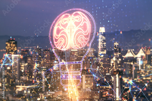 Abstract virtual light bulb illustration with human brain on San Francisco cityscape background, future technology concept. Multiexposure