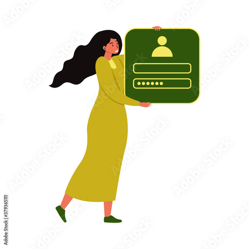 Flat vector cartoon illustration of a girl holding a page with the registration of the app's user interface. Concept of online registration, registration, user interface.