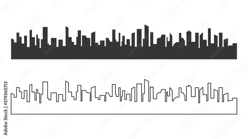 City silhouettes with fill and outline. Megalopolis background. There are many skyscrapers in the big city. Vector illustration
