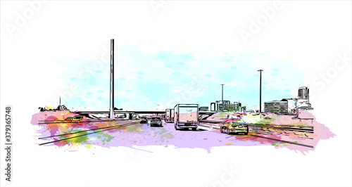 Building view with landmark of Barrie is a city and manifesting regional centre in Canada. Watercolor splash with hand drawn sketch illustration in vector.