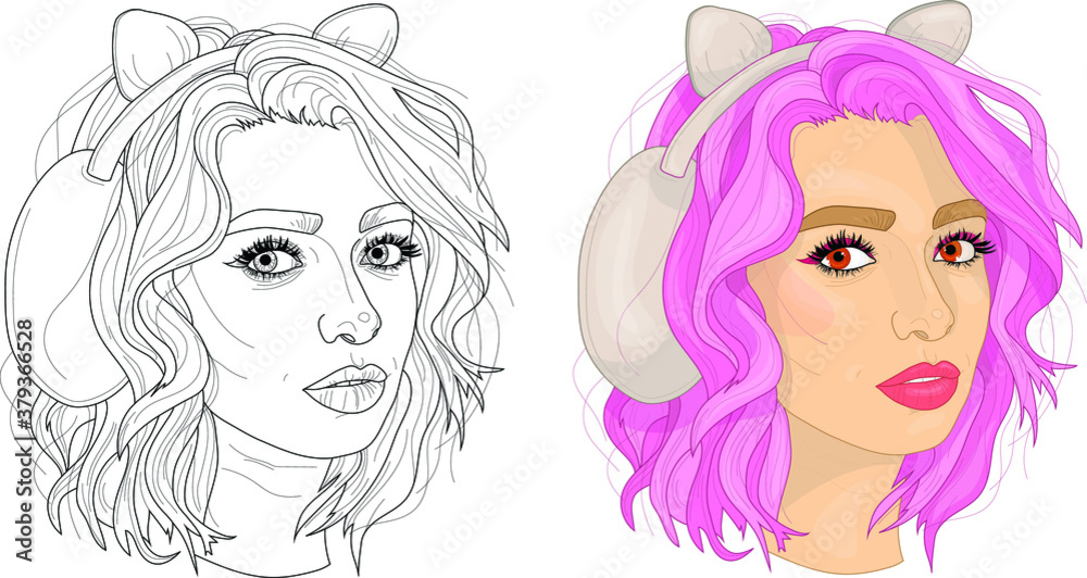 Realistic cartoon girl with pink hair and headphones, young woman character close up template set. Vector illustration in black and white for games, background, pattern, decor. Coloring paper, page Realistic cartoon girl with pink hair and headphones, young woman character close up template set. Vector illustration in black and white for games, background, pattern, decor. Coloring paper, page
