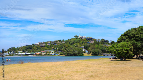 Panoramic view of Tairua  a holiday town on the Coromandel Peninsula  New Zealand  on a hot summer s day