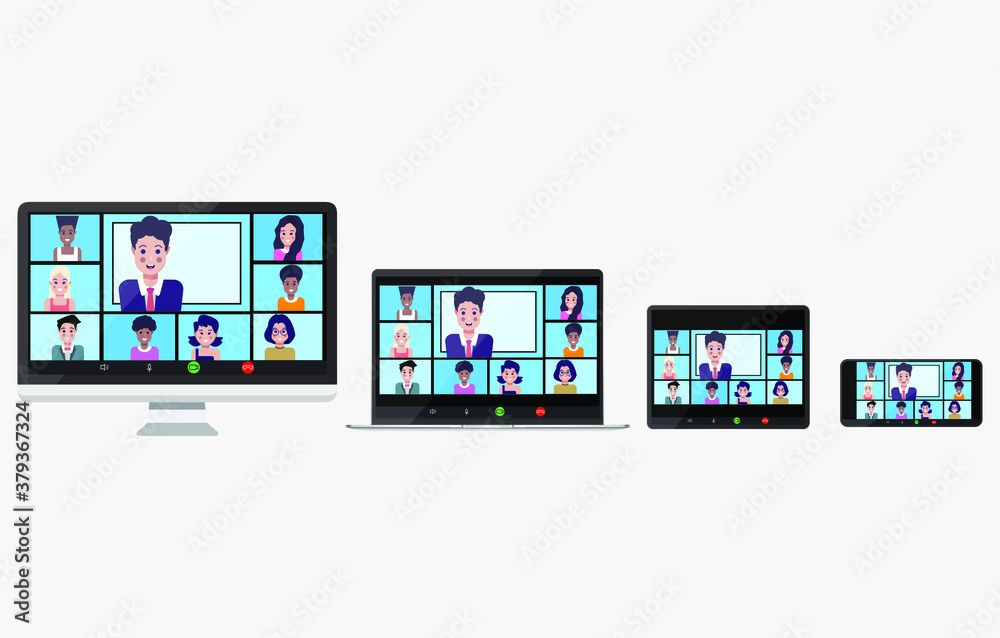 Meeting a company via video conference on a desktop, laptop, tablet, phone. Online class. Study from home school lesson via teleconference, web video conference call during coronavirus lockdown. Meeting a company via video conference on a desktop, laptop, tablet, phone. Online class. Study from home school lesson via teleconference, web video conference call during coronavirus lockdown.