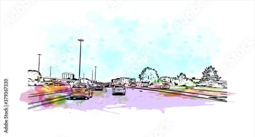 Building view with landmark of Barrie is a city and manifesting regional centre in Canada. Watercolor splash with hand drawn sketch illustration in vector.