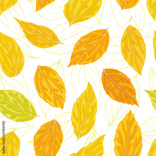 Beautiful seamless background with yellow  orange  green leaves. Hand-drawn with effect of drawing in watercolor. design background greeting cards and invitations seasonal autumn  fall holidays