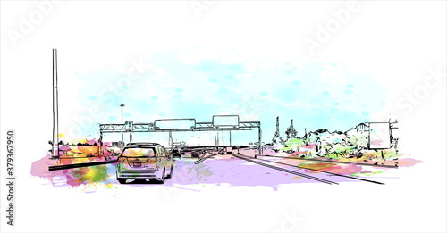 Building view with landmark of Barrie is a city and manifesting regional centre in Canada. Watercolor splash with hand drawn sketch illustration in vector.