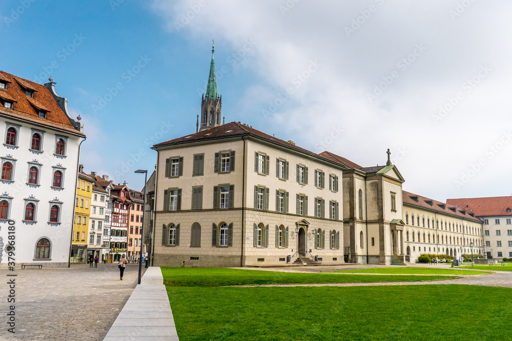 Clear day in the center of St. Gallen late morning , The Charimg city and also Unesco heritage sites in Switzerland 
