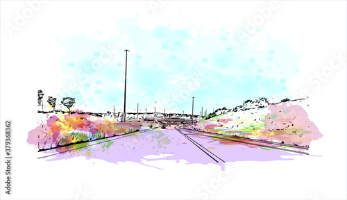 Building view with landmark of Barrie is a city and manifesting regional centre in Canada. Watercolor splash with hand drawn sketch illustration in vector.