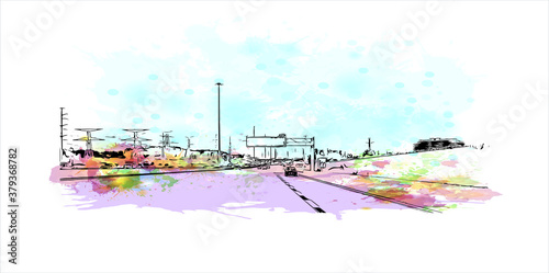 Building view with landmark of Barrie is a city and manifesting regional centre in Canada. Watercolor splash with hand drawn sketch illustration in vector.