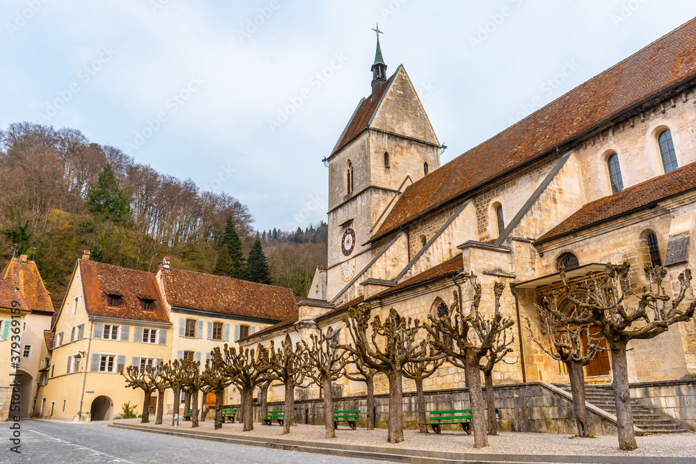 Main Cathedral in Saint-ursuanne late morning. Unseen classical town in Switzerland