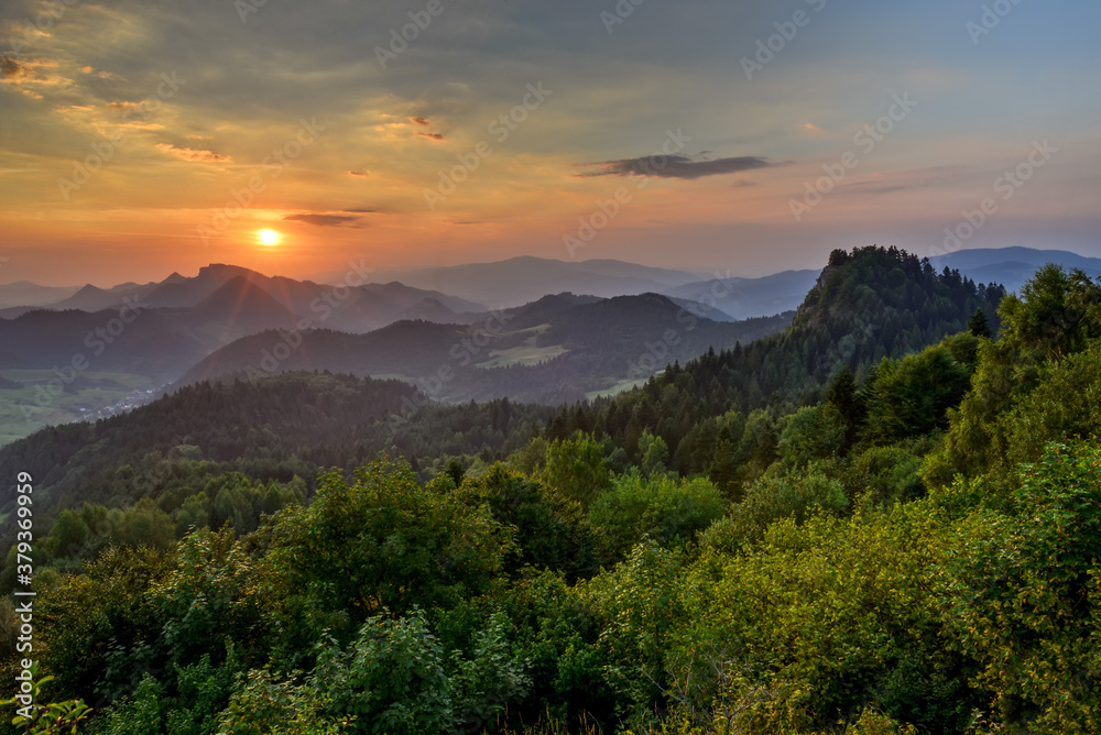 beautiful landscape with valleys, lakes and rivers in fog