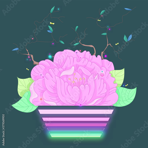 Cartoon colorful flower with rose, peony and branch sticks template. Neon glowing vector illustrationon dark background for games, background, pattern, decor. Print for fabrics and other surfaces. photo