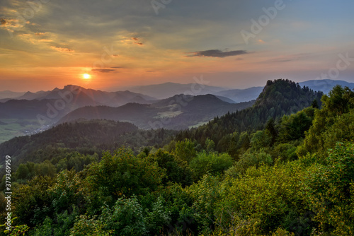 beautiful landscape with valleys, lakes and rivers in fog