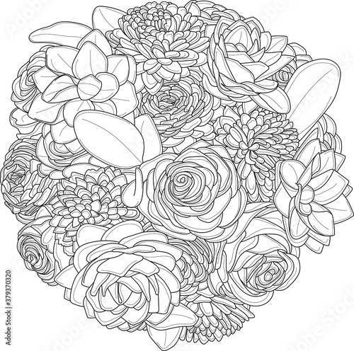 Realistic mix flower bouquet with roses, peony and gerbera daisy sketch template. Vector illustration in black and white for games, background, pattern, decor. Coloring paper, page, story book