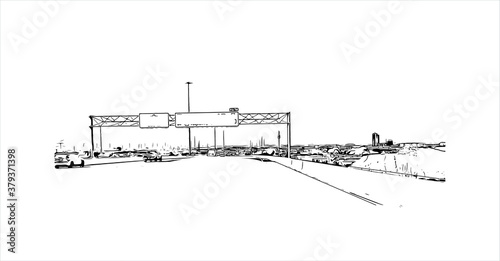 Building view with landmark of Barrie is a city and manifesting regional centre in Canada. Hand drawn sketch illustration in vector.