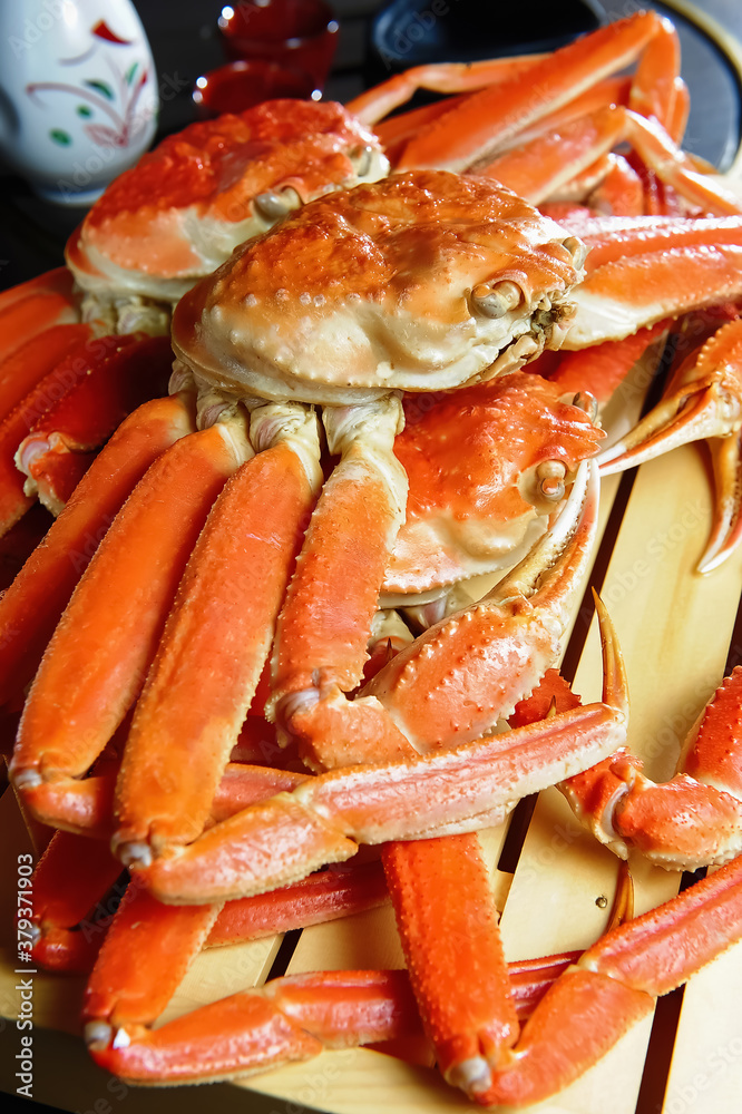 Three Steamed Matsuba Crabs On The Plate Three Steamed Matsuba Crabs On The Plate
